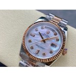 Sunday Calendar series women's watch, mother-of-pearl dial, rose gold bezel, 36mm, two-tone President-style bracelet.